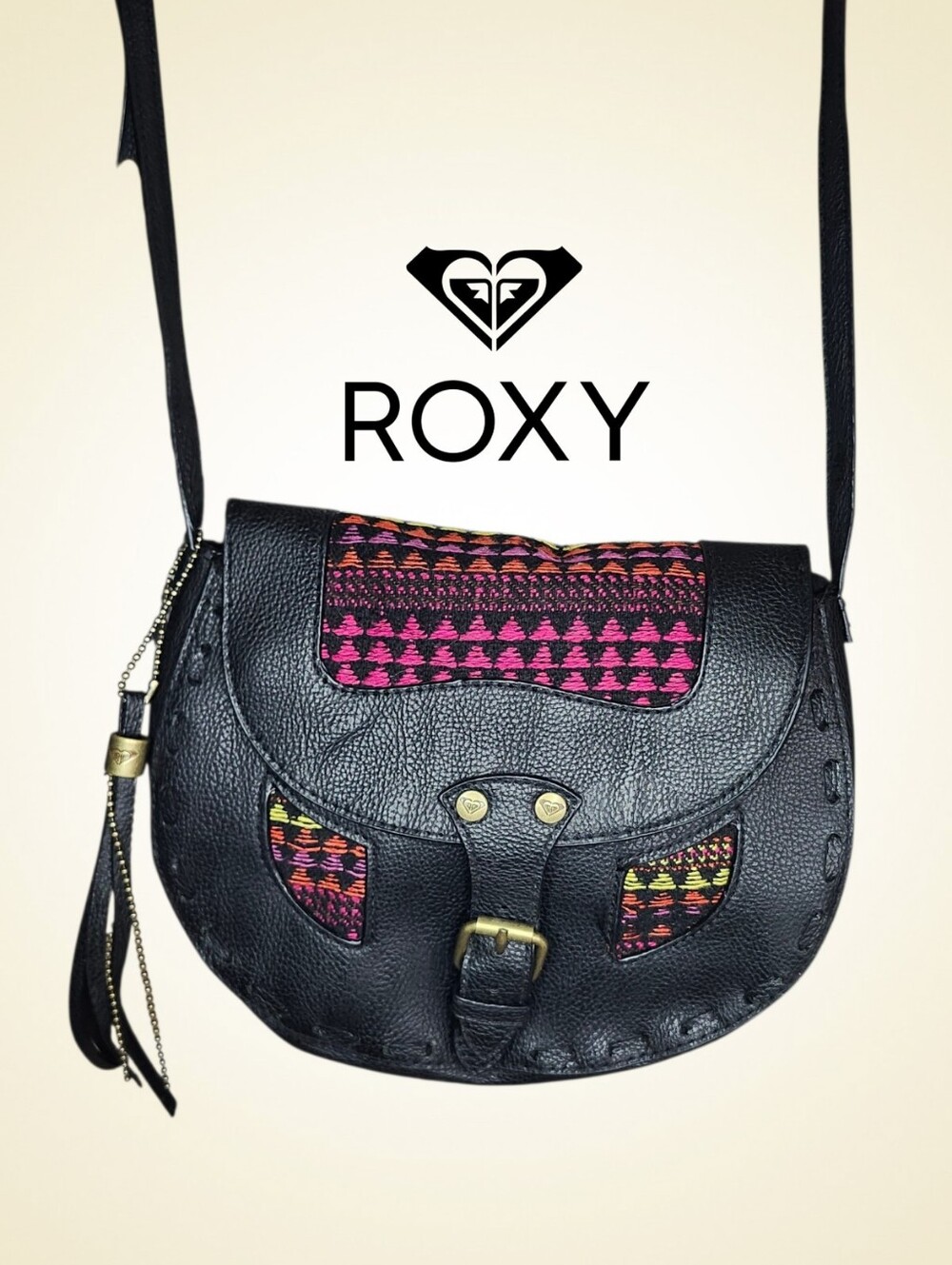 ROXY Black Crossbody Bag with Crochet Accent